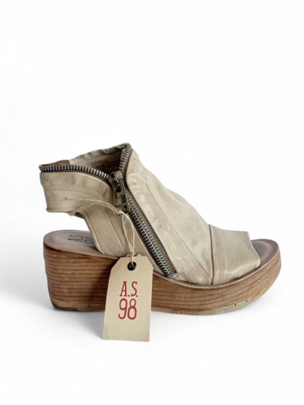 AS 98 Naylor Taupe Leather Peep-Toe Wedge Sandals with Side Zip - Picture 4 of 7